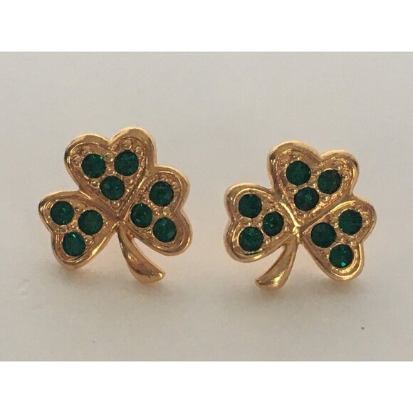 Avon St Patricks Day Earrings Set Shamrocks Green Gold Tone Good Luck Jewelry - Picture 4 of 6